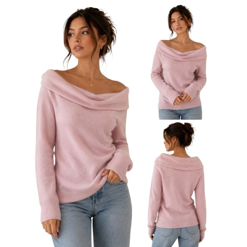 Antonio Melani Cashmere Foldover Off Shoulder Sweater Womens XL Pale Pink